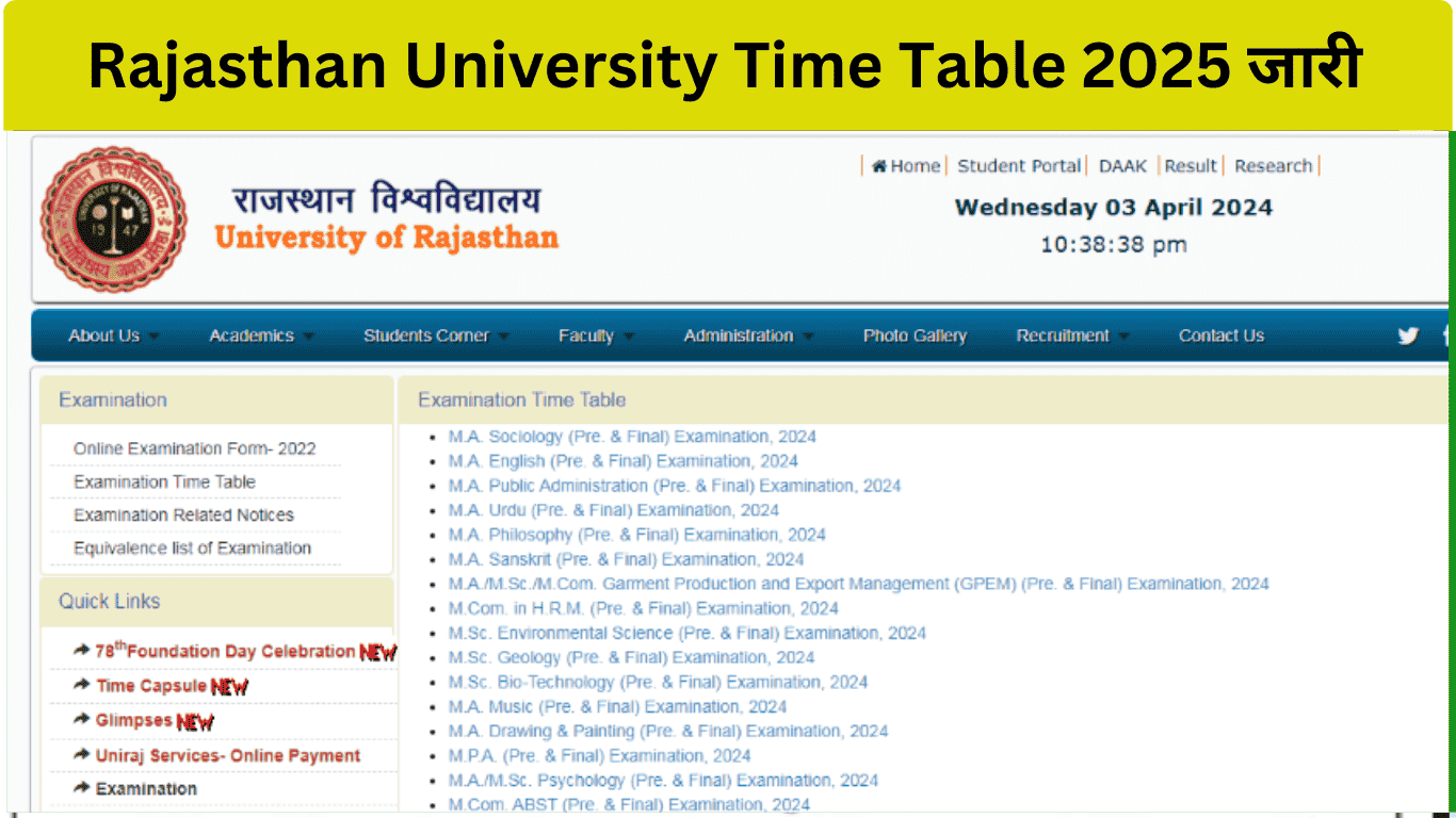 Rajasthan University Time Table