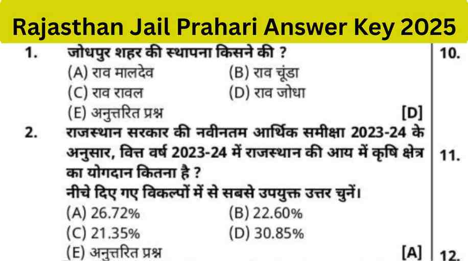 Rajasthan Jail Prahari Answer Key 2025